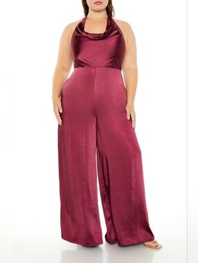 FOREVER 21 EUC Plus Size Cowl Neck Satin Jumpsuit in Burgundy